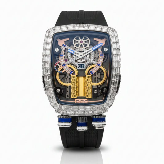 Bugatti-Inspired Luxury Skeleton Diamond Watch – Engine Turbo Design